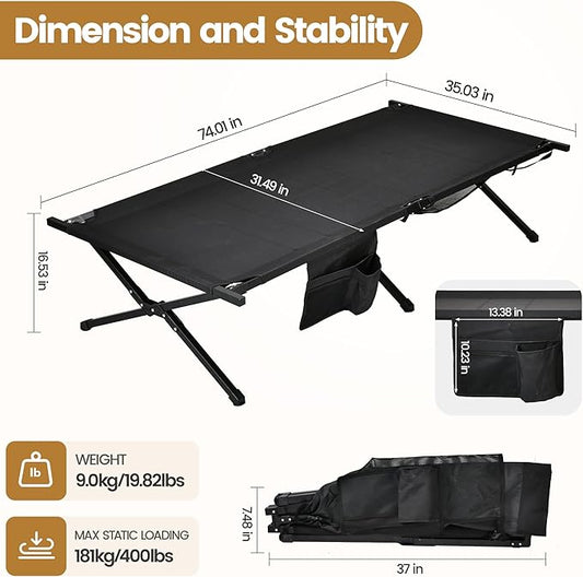 Portable Camping Cot for Adults, 300lbs Heavy Duty Folding Bed with 60s Quick Setup, Compact & Lightweight for Outdoor, Guest, Office Nap, Hospital Stay(Black)