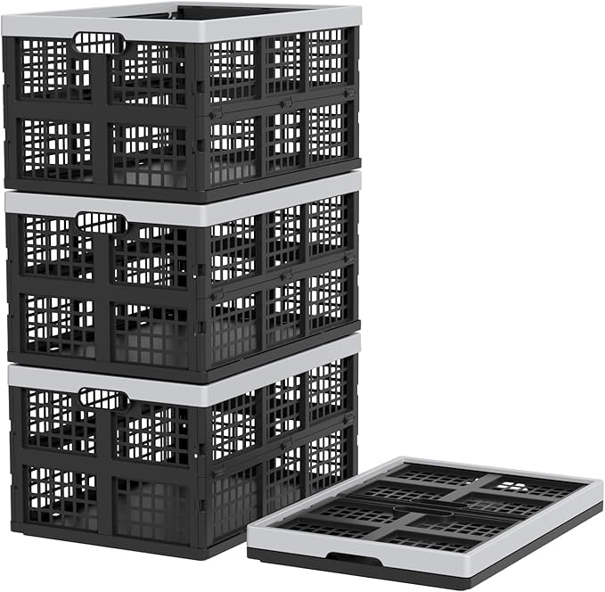 Plastic Collapsible Milk Crates, Collapsible Storage Bins, Foldable Baskets, 42 Liters, Pack of 4 in Black