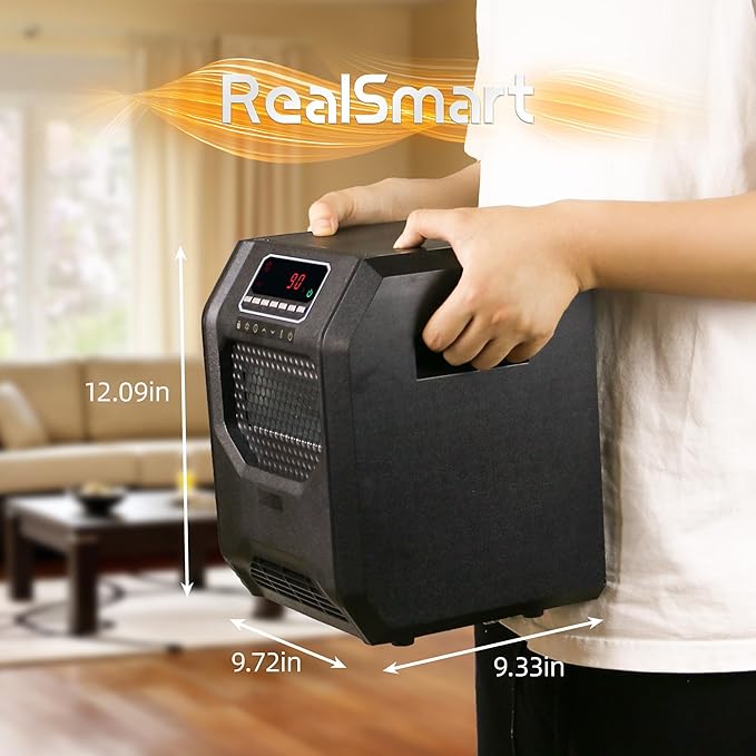 Quartz Space Heater for Indoor Use RealSmart 1500W Electric Heater Remote Control Infrared Heater Office Large Room 3 Heating Modes LED Display Overheat Tip Over Protection