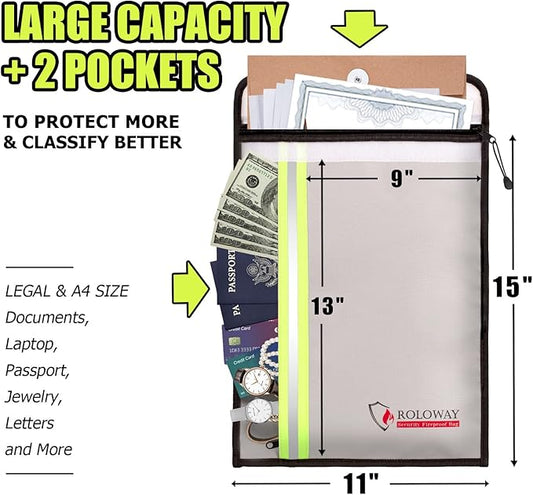 ROLOWAY Fireproof Document Bag (15 x 11 inch) with 2 Pockets, Fire Safe Envelope Bag for Cash, Legal Documents (Silver)