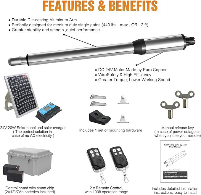JUJIANG C01 Solar Gate Opener with Batteries & Solar Panel for Dual Swing Gates Up to 440lb 12FT per Arm Automatic Gate Opener with Remote Complete Kit Light Duty Automatic Gate Openers Solar Powered