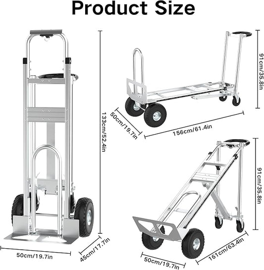 3in1 Convertible Hand Truck Dolly Cart, 880 lb Aluminum Hand Trucks Heavy Duty Furniture Appliance Dolly W/10 Wheels,Utility Cart for Transport & Moving Office, Home & Warehouse Use (Silver)