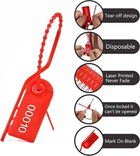 1000 Plastic Security Seals Secure Anti-Tamper Fire Extinguisher Tags Numbered Zip Ties Inspection Tags Breakable Label Tags Pull Tite Safey Tags for First Aid Kits, Clothes,Bags (Red)
