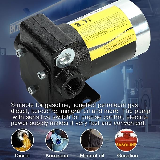 12V Fuel Transfer Pump Automatic Gasoline 3.7GPM DC Diesel Transfer Pump with Forward and Reverse Pumping, Portable Fuel Oil Transfer Pump for Gasoline, Diesel, Kerosene & More