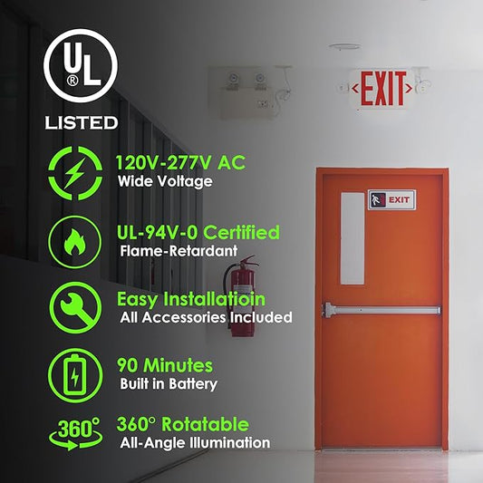 Gruenlich LED Exit Sign Combo with Emergency Lights, Adjustable Heads and Double Sided, Battery Backup, UL 924 Qualified, AC 120-277V, Commercial Emergency Exit Light for Business- 4 Pack
