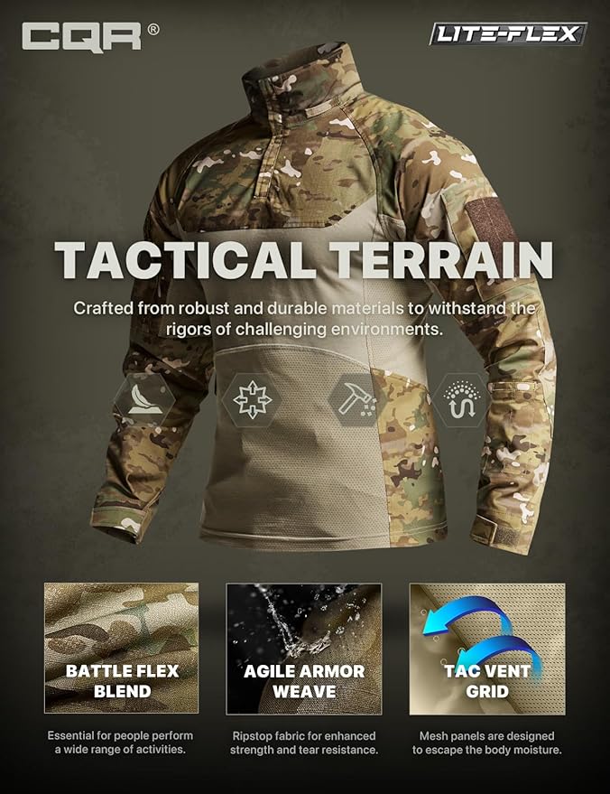 CQR Men's Combat Shirt Tactical 1/4 Zip Long Sleeve Military BDU Shirts Camo EDC Top with Pockets