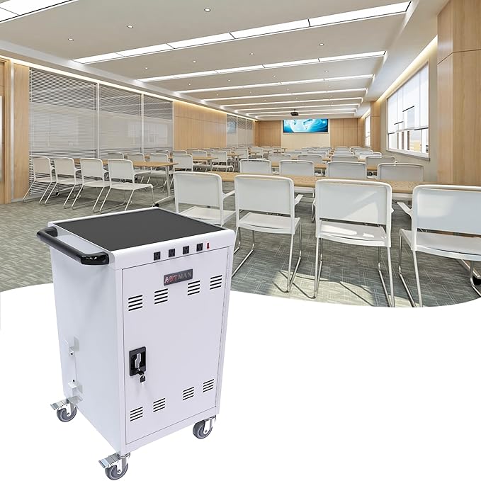 36-Device Mobile Charging Cart with Charging Power Strip and Front and Rear Access Locks, Cable Management, Up to 17"", Safe Charging Cabinet for Ipads, Chromebooks, Tablets, Laptops White