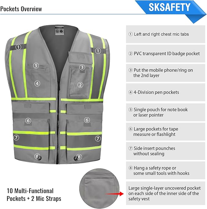 SKSAFETY 10 Pockets Safety Vest, Class 2 High Visibility Security with Zipper, Hi Vis Vest with Reflective Strips, ANSI/ISEA Standard, Construction Work Vest for Men & Women (Grey,3XL)