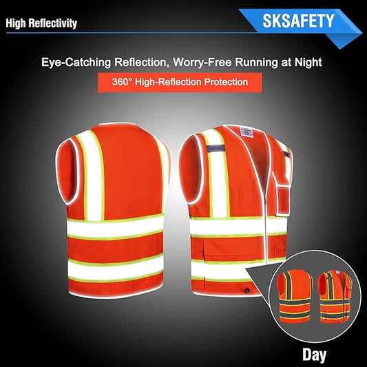 SKSAFETY 10 Pockets Safety Vest, Class 2 High Visibility Security with Zipper, Hi Vis Vest with Reflective Strips, ANSI/ISEA Standard, Construction Work Vest for Men & Women (Orange, L)