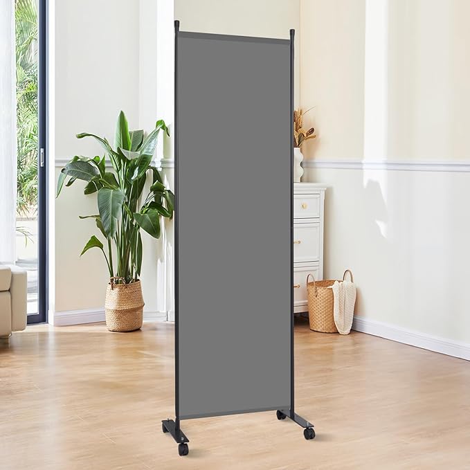 Room Divider 6FT Room Partition with Lockable Wheels, (Thicked Metal Base) Room Dividers, Freestanding Indoor Folding Privacy Screens, Portable Fabric Wall Divider for (Grey, 21.5"- 1 Panel)