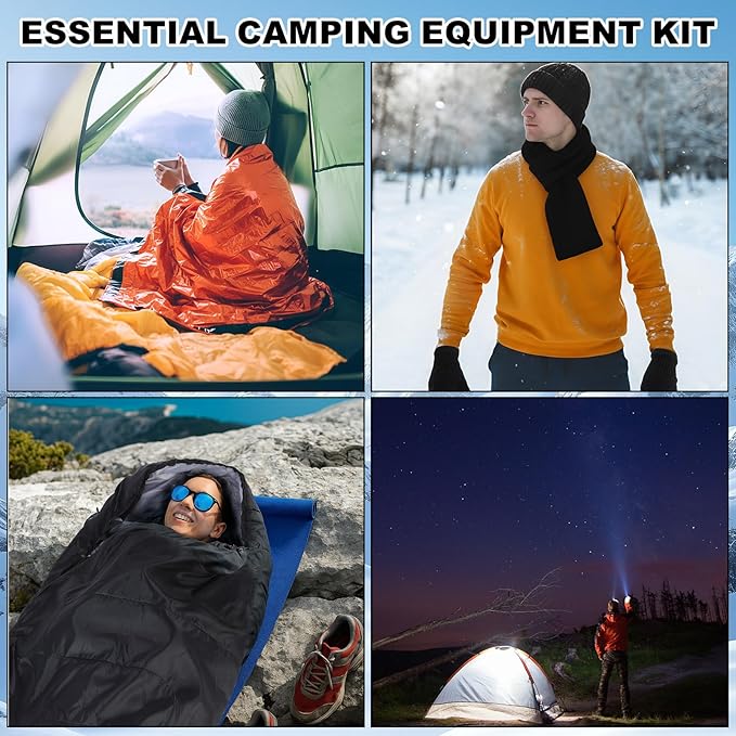 8 Pcs Portable Emergency Thermal Blanket Camping Sleeping Bag Solar Rechargeable Flashlight Emergency Safety Whistle Gloves Scarf Socks Beanie Set for Camping Hiking Travel Hunting(Orange)