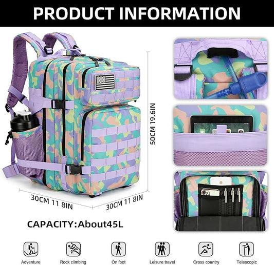 45L Tactical Assault Backpack 3 day assault pack with Molle Waterproof backpack Rucksack for Tactical Backpacks (PurpleGreenYellow)