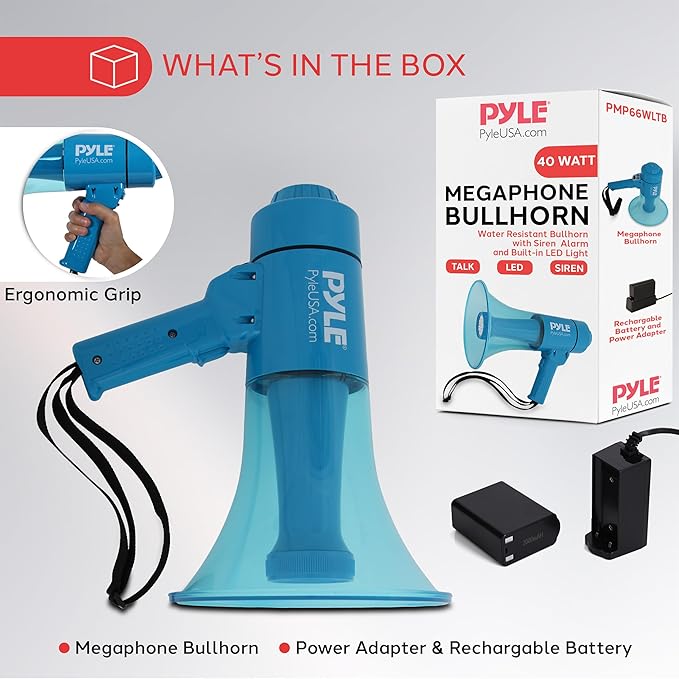 Pyle 40W Megaphone Bullhorn Speaker, Rechargeable Battery with Siren, LED Lights, Adjustable Volume, and 1000+ Yard Projection Range, Waterproof IP-X5, Ideal for Crowd Control & Indoor/Outdoor Events