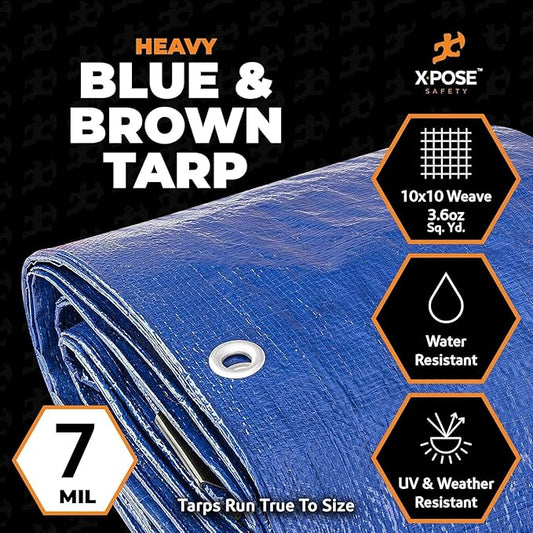 Heavy Blue & Brown Tarp 30' x 50'- Bulk Half Pallet (16 Pack) Weatherproof, Camping, Rain, Wind & Sun - 7 Mil Plastic Tarp Outdoor Cover for Roof, Trailer, RV, Car, Boat - by Xpose Safety