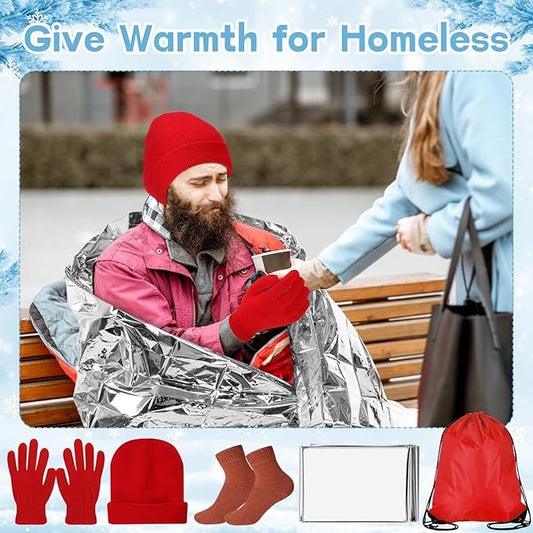 60 Pcs Homeless Care Package Supplies Winter Beanie Gloves Sock Drawstring Bags Emergency Blankets for Men Women