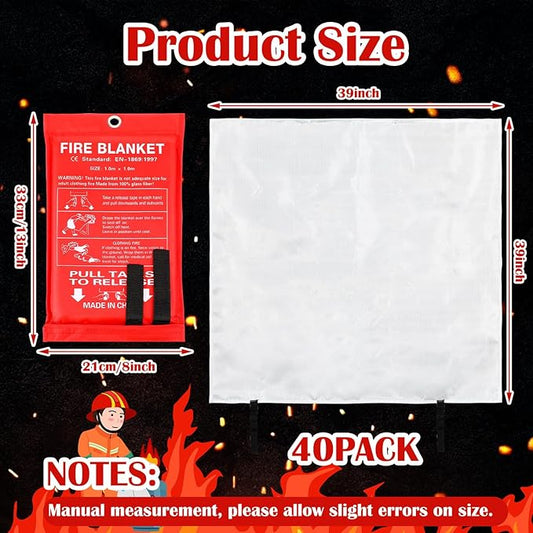Macarrie 40 Pack Fire Blankets 39” x 39” Fire Blanket Emergency for Home and Kitchen Extinguisher Blankets Fiberglass Suppression Blanket Safety Fireproof Survival for Car Office Warehouse (Red)