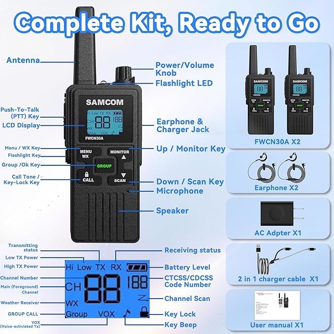 SAMCOM Walkie Talkies for Adults Long Range Rechargeable 2 Pack FWCN30A 2 Way Radios, Hiking Camping Gear for Family Type-C Charging 1250mAh NOAA Weather Alert