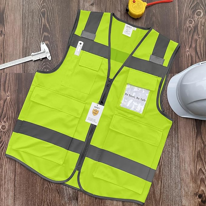 TCCFCCT Hi Vis Vest 5 Pockets High Visibility Reflective Safety Vest for Men Women, Neon Construction Vest with Horizontal Strip for Walkie-talkie & ID Card, Meets ANSI/ISEA Standards, T5-Yellow, 3XL