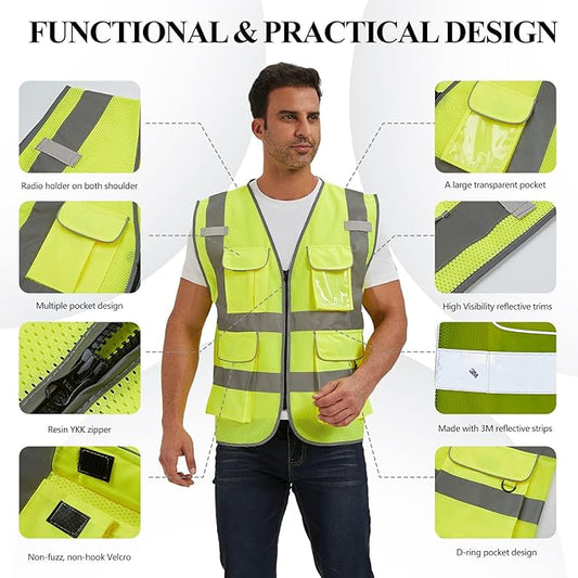SIFE Reflective Safety Vest High Visibility Vest With 7 Pockets And YKK Zipper, ANSI/ISEA Class 2 Standard, Made With 3M Reflective Tape(03Y-Yellow Mesh,L)