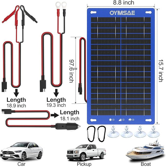 OYMSAE 15W 12V Solar Trickle Charger Maintainer, Waterproof Portable Solar Panel Battery Charger Kit with Cigarette Lighter Plug & Alligator Clips for Car, RV, Truck, Boat, Motorcycle, Marine