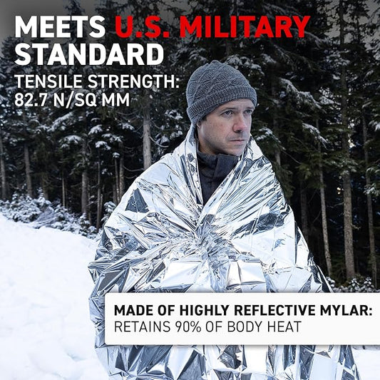 72 HRS Large Emergency Mylar Space Blankets 60-Pack, MIL-SPEC 54″ × 88″ Thermal Survival Foil – Retains 90% Body Heat, Waterproof Reflective Blanket for Camping, Hiking, Marathon, First Aid