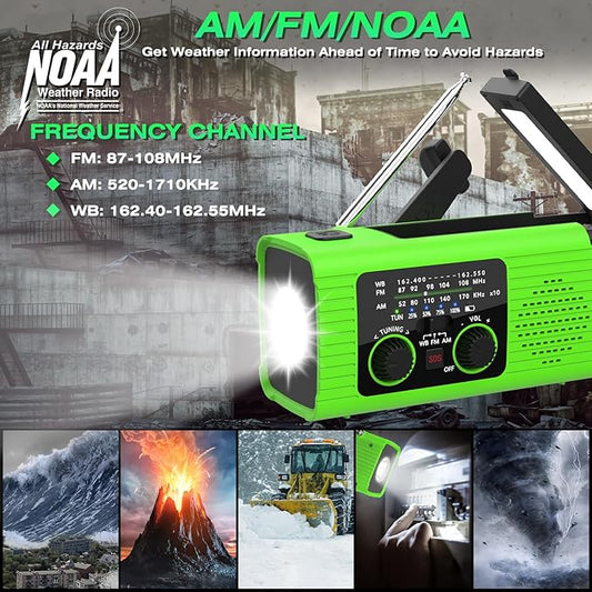 Emergency Radio, Multifunction Solar Charger Hand Crank NOAA Weather AM/FM Radio 4000mAh with USB Charged, Reading Lamp, Flashlight, SOS Alarm, Headphone Jack for Emergencies, 2 Pack