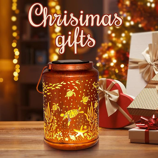 YISITEONE Sea Turtle Outdoor Solar Lanterns, Garden Waterproof Metal Hanging Decor Lights for Patio Yard Pathway Lawn Front Porch, Birthday Gardening Gifts for Women Mom Grandma