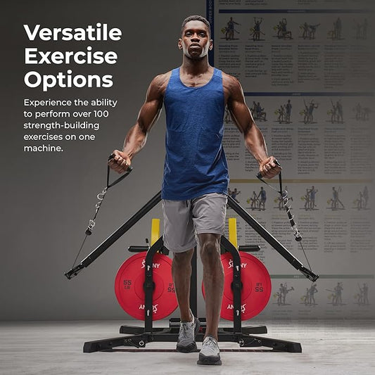 Sunny Health & Fitness Multifunctional Strength Training Home Gym – Complete Workout Equipment with Training Attachments, Optional Squat Stand, Power Rack Cage, Adjustable Incline Bench