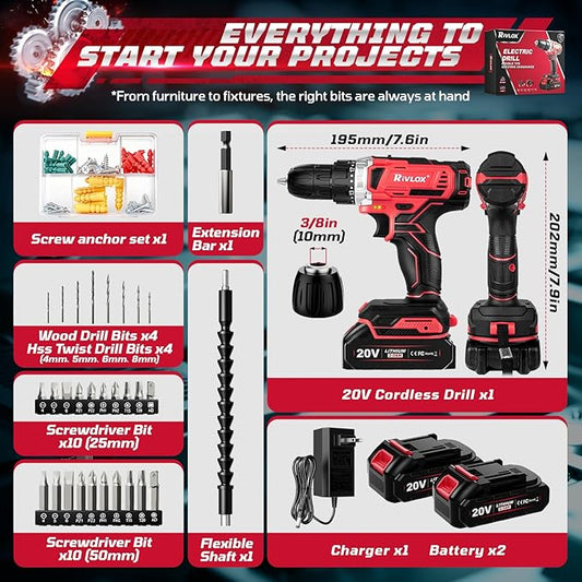20V Cordless Drill Set,Electric Power Drill Cordless,Power Drill Drivers,Electric Screwdriver - 2.0Ah Batteries, 30Nm,21+1 Torque,2 Speed,34pcs Acessories,Built-in LED,Kit for Home,Red