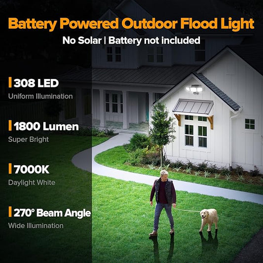 UME Battery Powered Motion Sensor Outdoor Lights 302 LED 1800LM, IP65 Waterproof Battery Operated Flood Lights Outdoor, 3 Heads Security Motion Light with 3 Modes for Garden Patio Yard
