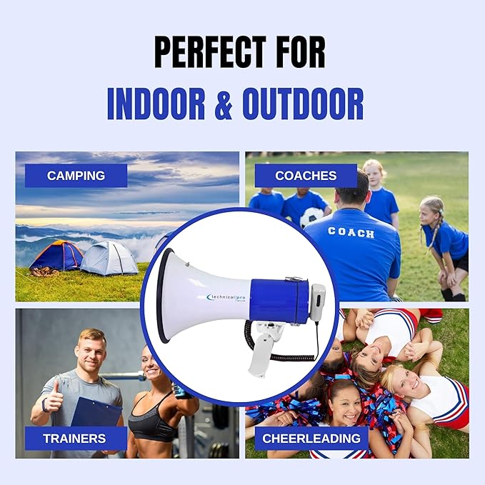 Technical Pro Rechargeable Portable 75-Watt Megaphone Bullhorn Speaker w/Siren & Detachable Microphone - Battery w/Battery a Built-in AC Wall Charger, Good for Trainers, Coaches, Cheer Leaders