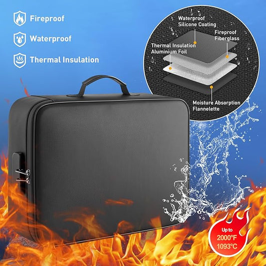 Fireproof Waterproof Document Bag with Lock - Mondoshop Portable Waterproof Document Organizer for Important File - Fire Proof Travel Storage Case with Zipper for Laptop, Passport, Certificates, Cards