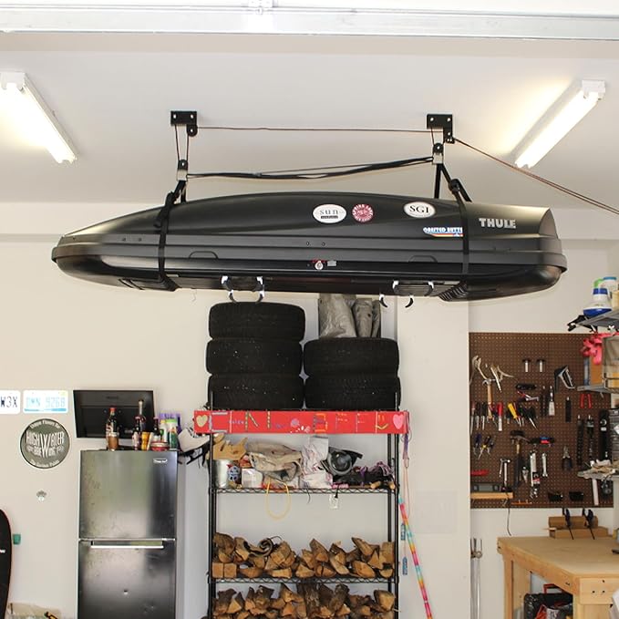 StoreYourBoard Cargo Box Pulley System – Heavy-Duty Garage Hoist Lift for Rooftop Carriers – Garage Storage & Garage Organization Ceiling Hoist with Pulley – Holds 150 lbs - Fits 10-14 ft Ceilings