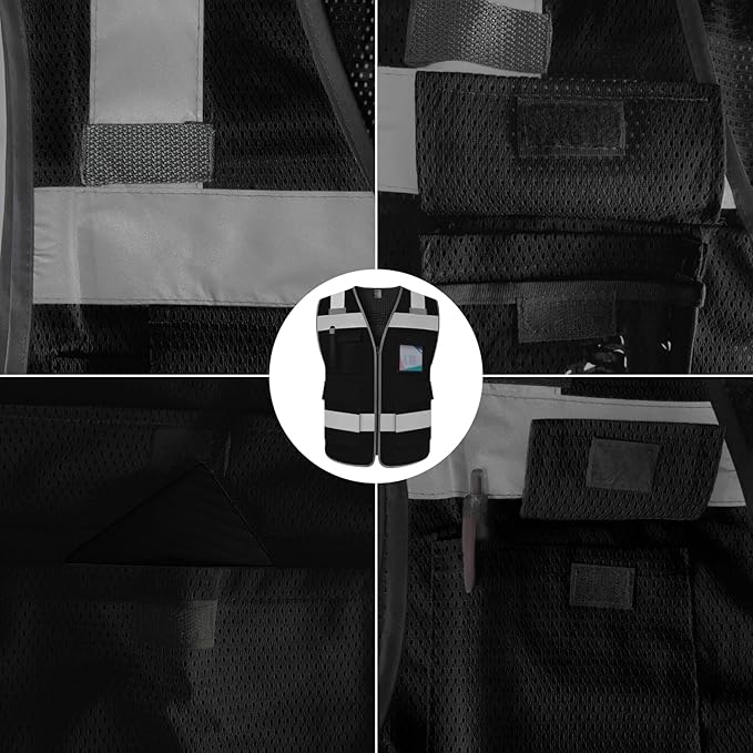 TCCFCCT Mesh Reflective Safety Vest with 5 Pockets High Visibility Vest for Men Women, Work Vest with Horizontal Strip for Walkie-talkie and ID Card, Meets ANSI/ISEA Standards, Black, 4XL