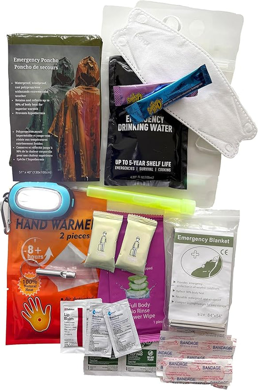 Winter Storm Emergency Kit with COB Keychain Light, 15 Essential Items (30 Pieces Total) with Rain Poncho, Blanket, First Aid, Emergency Water