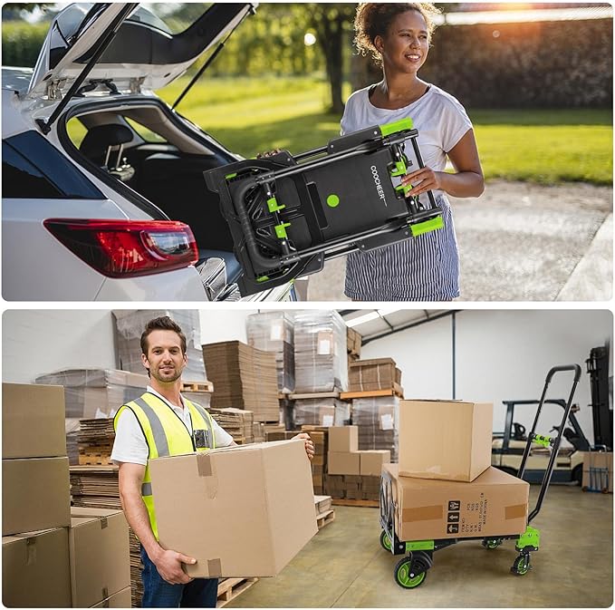 2-in-1 Folding Hand Truck Dolly 330LB Load Carrying, Hand Truck Foldable Dolly with Retractable Handle and 4 Rubber Wheels, Portable Folding Hand Cart for Moving/Travel/Office(Green)
