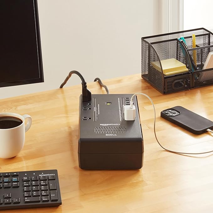 Amazon Basics UPS Battery Backup & Surge Protector 600VA/360W, 8 Outlets, Standby Uninterruptible Power Supply, for Power Outage Protection, Compact, Black