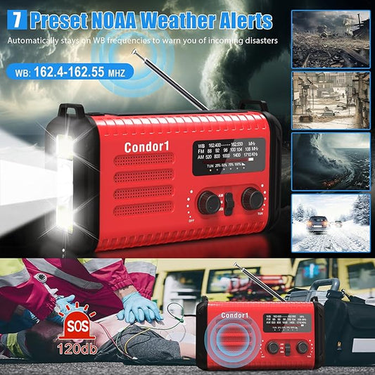 20000mah Emergency Radio, Solar Hand Crank Portable AM FM NOAA Radios, Rechargeable Battery, SOS Alarm, Flashlight, Reading Lamp for Home Outdoor Emergency (Red)