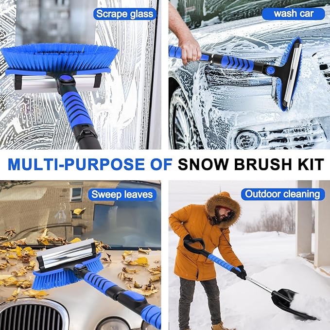 Blue Car Snow Brush and Shovel Kit, 42" Extendable Ice Scraper with 180° Pivoting Head & Ergonomic Grip - 39" Collapsible Emergency Snow Shovel for Car, SUV, Truck