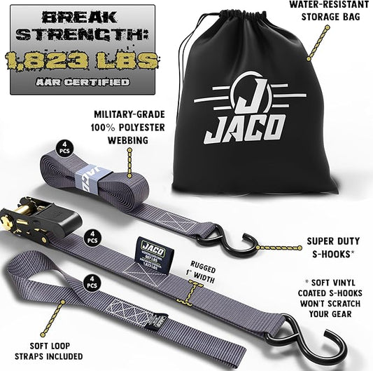 JACO Ratchet Tie Down Straps - 1 inch x 15 ft (Pack of 4) | 1,823 lbs (Grey)