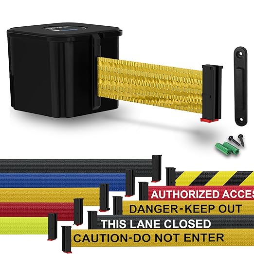 WM412 Retractable Belt Wall Mounted Smooth Black Crowd Control Barrier and Receiving End, 15' Yellow Belt