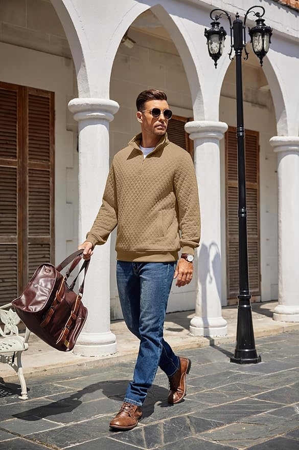 COOFANDY Mens Quarter Zip Pullover Quilted Sweatshirt Knit Long Sleeve Mock Neck Sweater Polo with Pocket