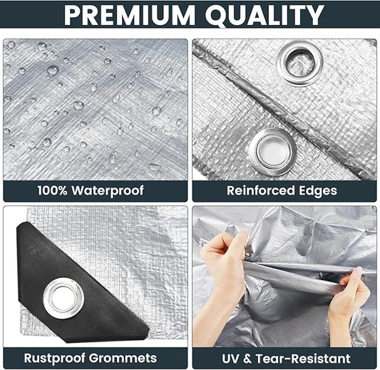 TICONN Heavy Duty Tarp Cover, Extra Thick Tarps Waterproof Tear and Rip Proof UV Resistant Tarpaulin with Reinforced Grommets and Edges (16 Mil, 8'x10')