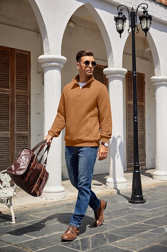COOFANDY Mens Quarter Zip Pullover Quilted Sweatshirt Knit Long Sleeve Mock Neck Sweater Polo with Pocket
