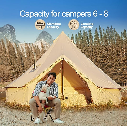 Cotton Canvas Bell Tent, Waterproof Large Tents with Sturdy Center & Door Pole and Space for 4/6/8 Person All 4 Season Camping Yurt Tent