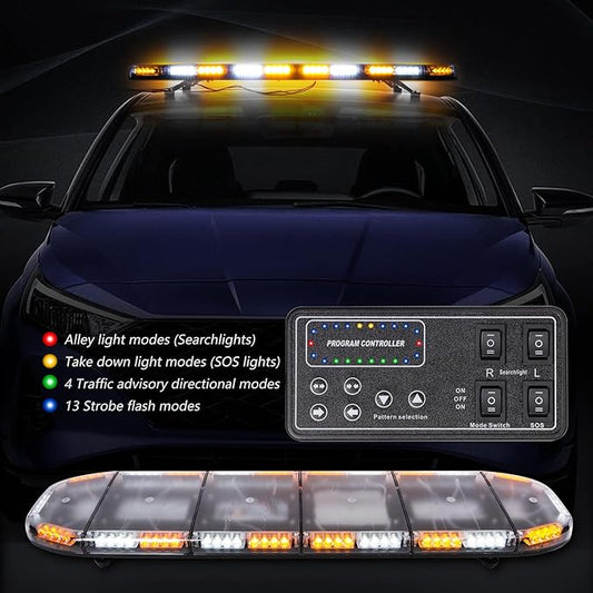 2025 Upgraded 51" Amber White Emergency Warning Security Strobe 88 LEDs Hazard Flash Light Bar for Truck Tow Lights Bar Construction Vehicle Rooftop with Control Pannel High Intensity