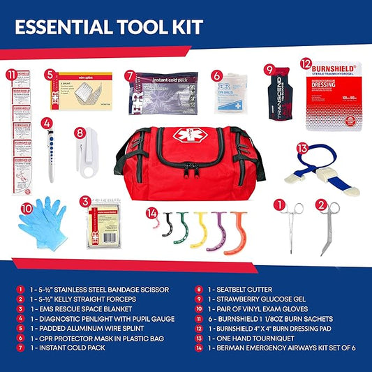Fully Stocked Trauma First Aid Kit – First Responder II Bag with Tools, Gauze, Bandages, Scissors & Gloves – Compact & Portable – OSHA and ANSI Compliant – Red
