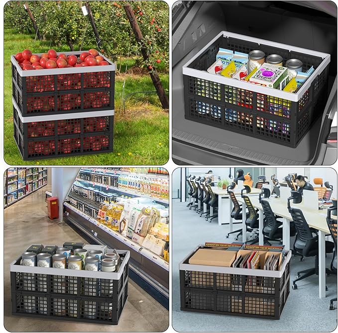 Xyskin 66 L Plastic Folding Storage Crate, Stacking Crate, Portable Collapsible Storage Basket, 4 Packs