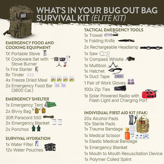 72-Hour Survival Kit | Emergency Bug Out Bag with First Aid, Water Filter, Food, Tools | 45L Tactical Backpack for Camping, Hiking, Outdoor Emergency Preparedness