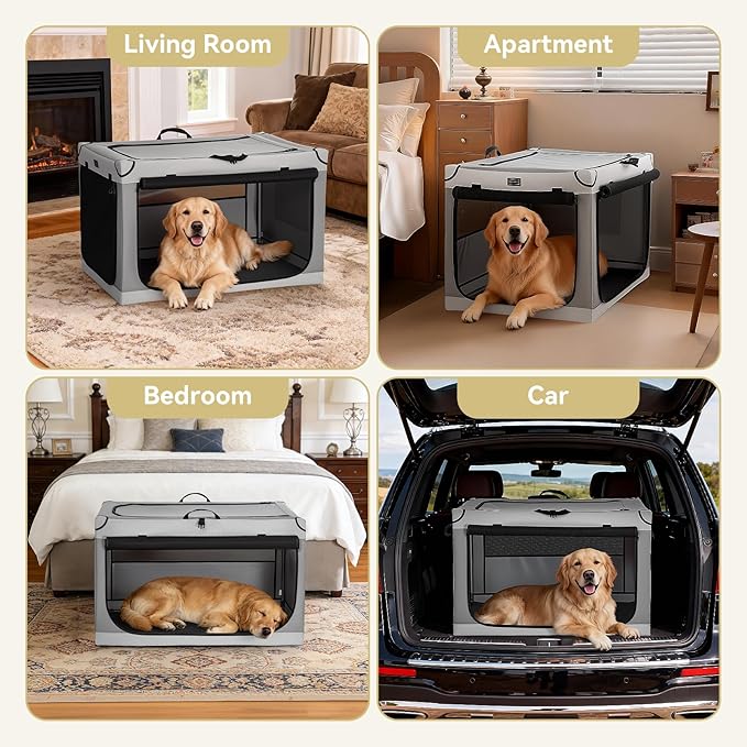 PETSFIT PETSFIT 36" Soft Foldable Dog Crate – Patented Adjustable Sturdy Frame, Collapsible Portable Travel Kennel for Medium & Large Dogs, 3 Lockable Mesh Door, Thicken Mat, Indoor & Car, Light Grey